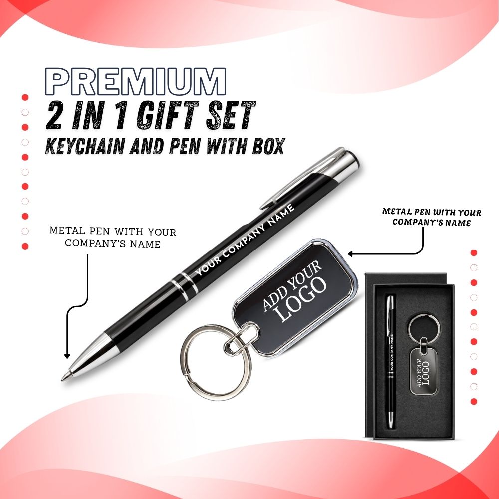 Premium Customized Metal Pen & Key chain Gift Set with Logo Printing | Executive Corporate Gift Box