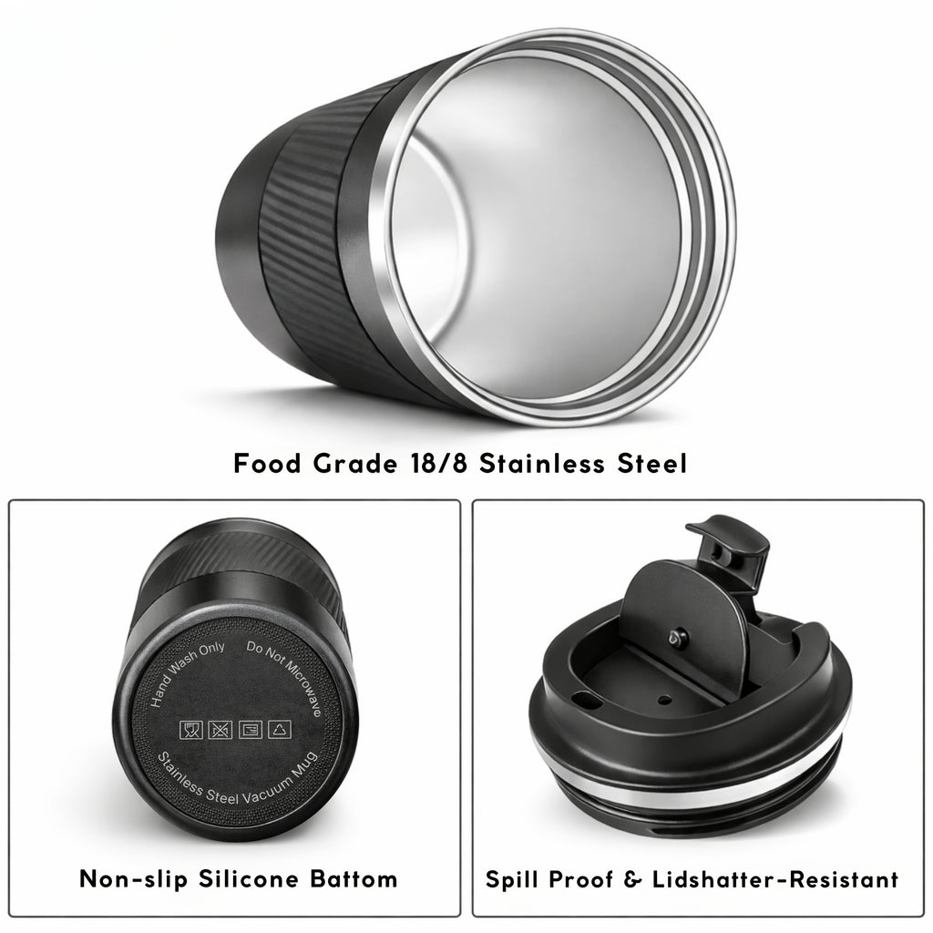 Customized Stainless Steel Travel Mug with Logo Printing | Insulated Coffee Tumbler with Spill-Proof Lid | Matte Black Corporate Gift