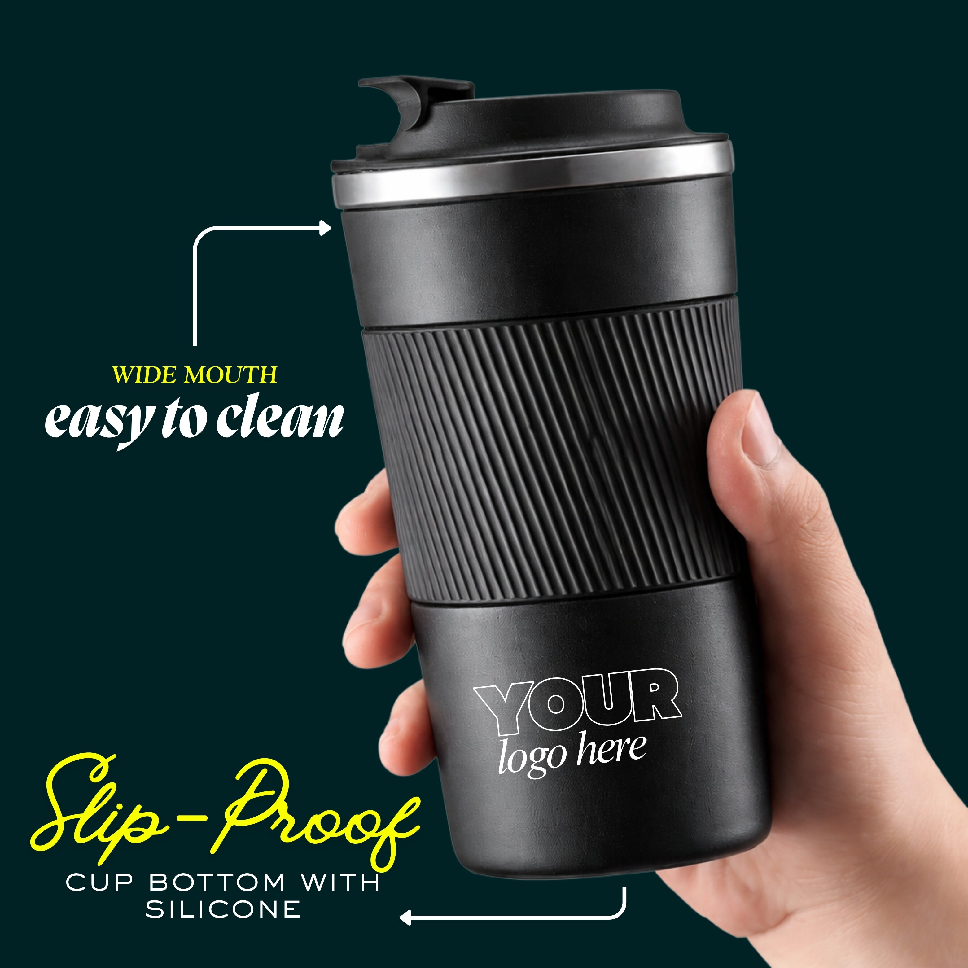 Customized Stainless Steel Travel Mug with Logo Printing | Insulated Coffee Tumbler with Spill-Proof Lid | Matte Black Corporate Gift