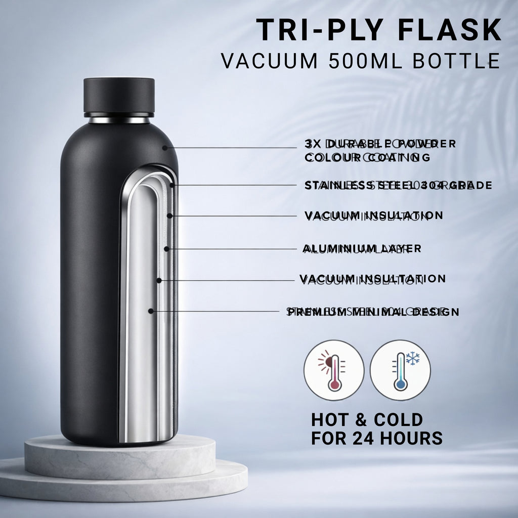 Premium Customized Triply Vacuum Insulated Flask 500ml with Logo Printing | 24 Hours Hot & Cold Stainless Steel Bottle | Matte Black Corporate Gift