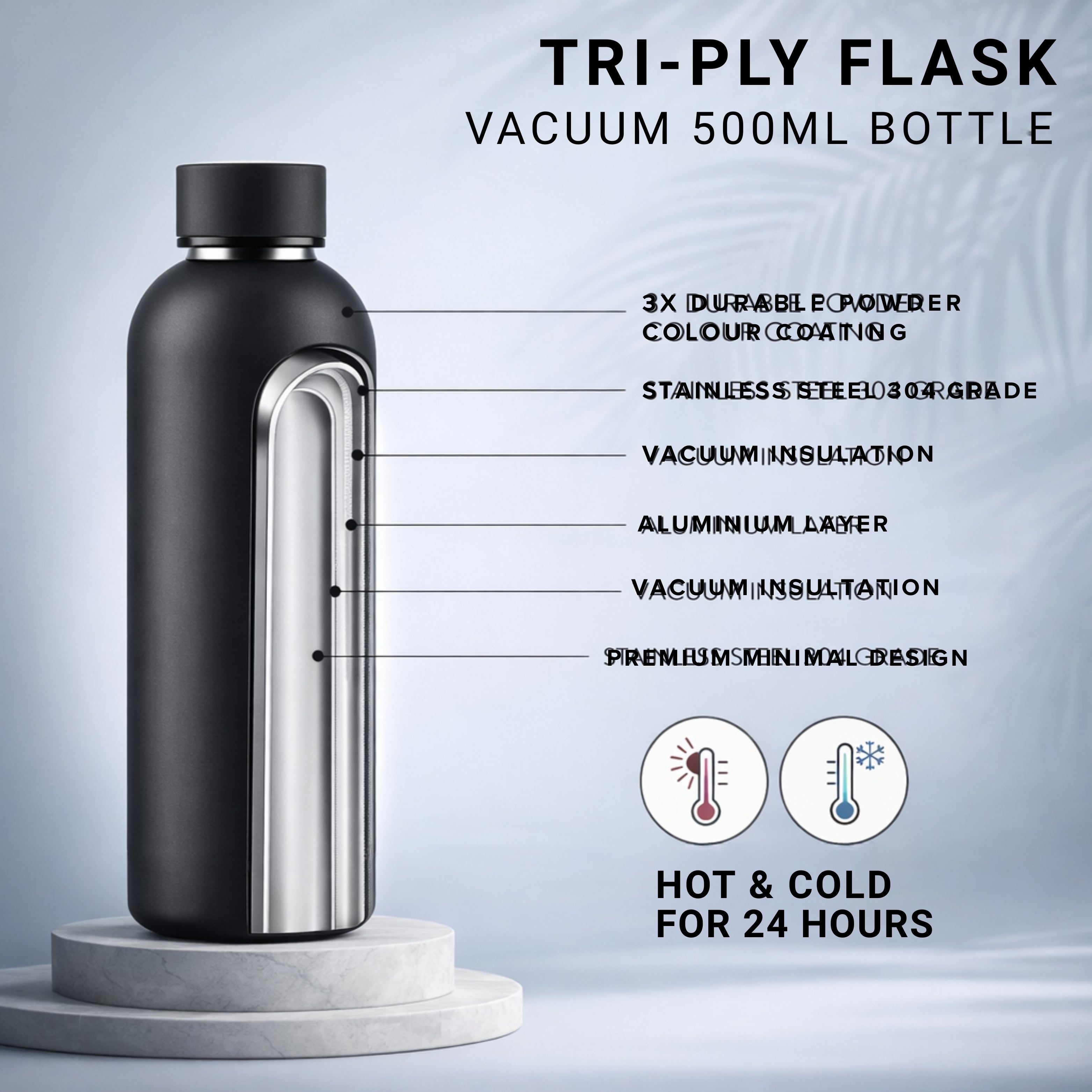 Premium Customized Triply Vacuum Insulated Flask 500ml with Logo Printing | 24 Hours Hot & Cold Stainless Steel Bottle | Matte Black Corporate Gift