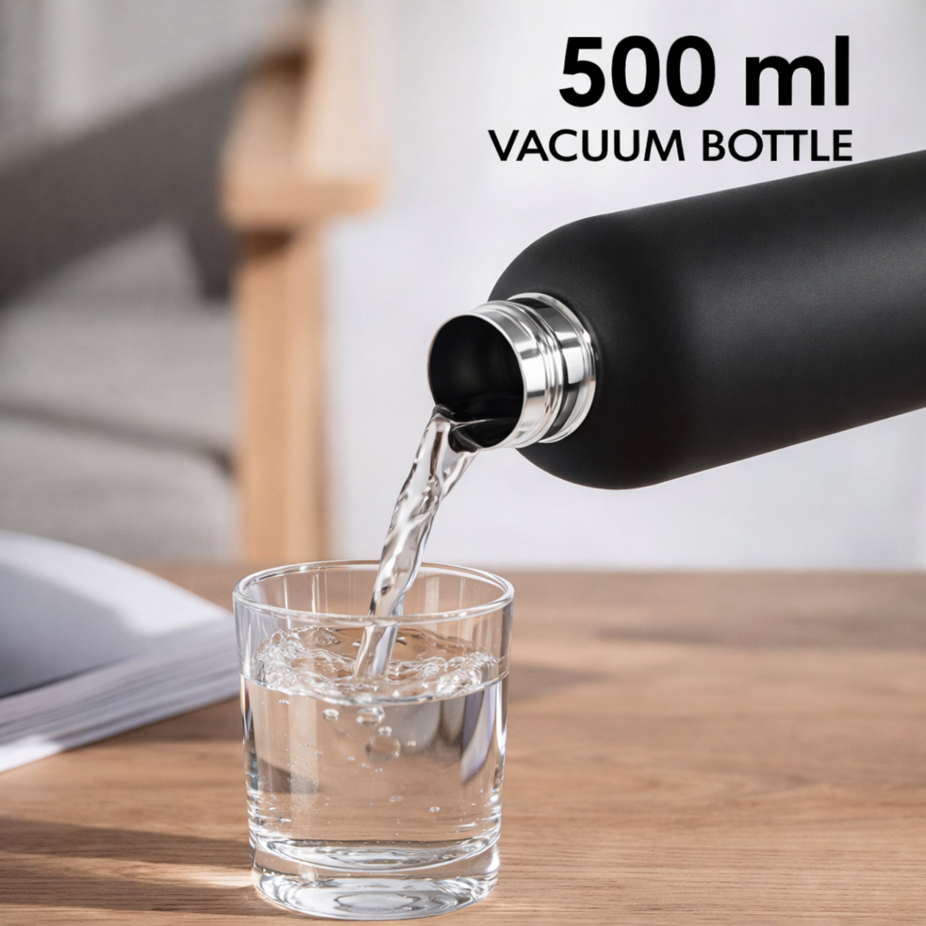 Premium Customized Triply Vacuum Insulated Flask 500ml with Logo Printing | 24 Hours Hot & Cold Stainless Steel Bottle | Matte Black Corporate Gift