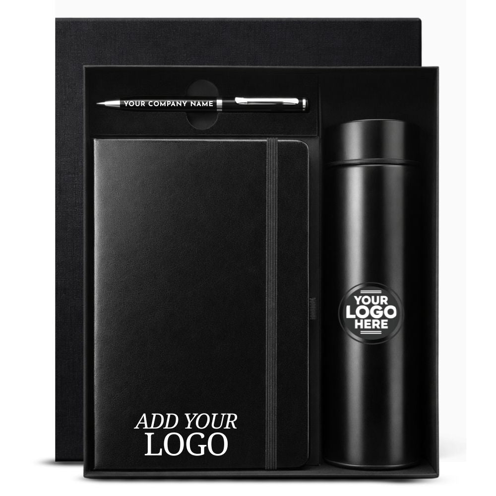 Premium Customized Corporate Gift Set with Logo Printing | Notebook, Metal Pen & Smart Temperature Bottle