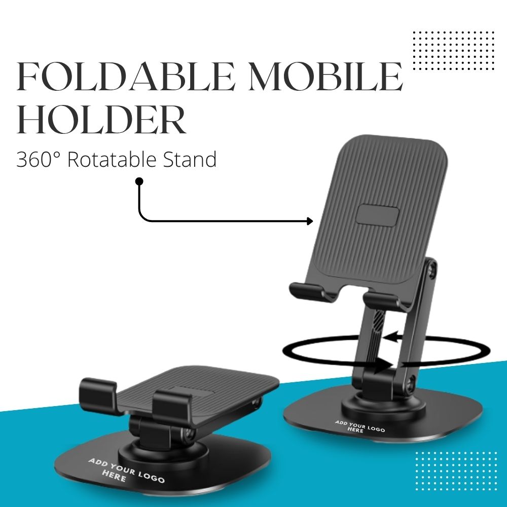Premium Customized 360° Rotatable Foldable Mobile Holder with Logo Printing | Adjustable Desktop Smartphone Stand | Matte Black Corporate Gift