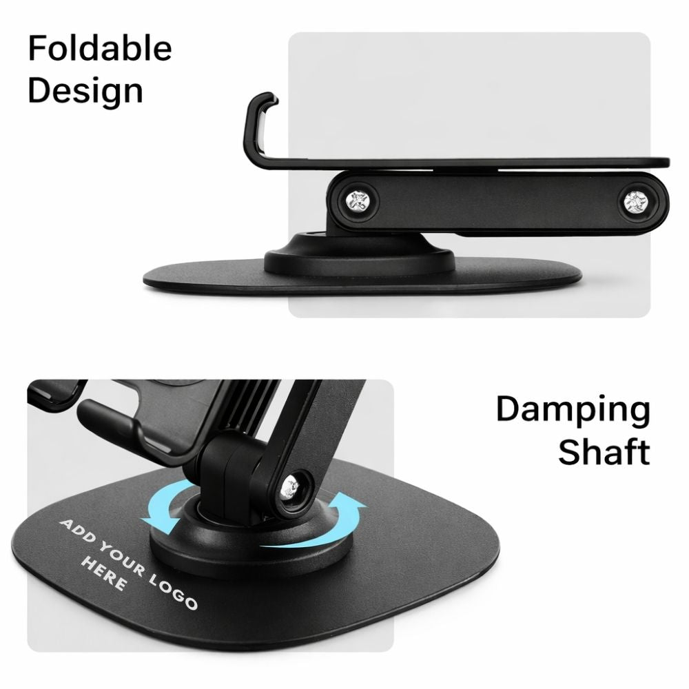 Premium Customized 360° Rotatable Foldable Mobile Holder with Logo Printing | Adjustable Desktop Smartphone Stand | Matte Black Corporate Gift