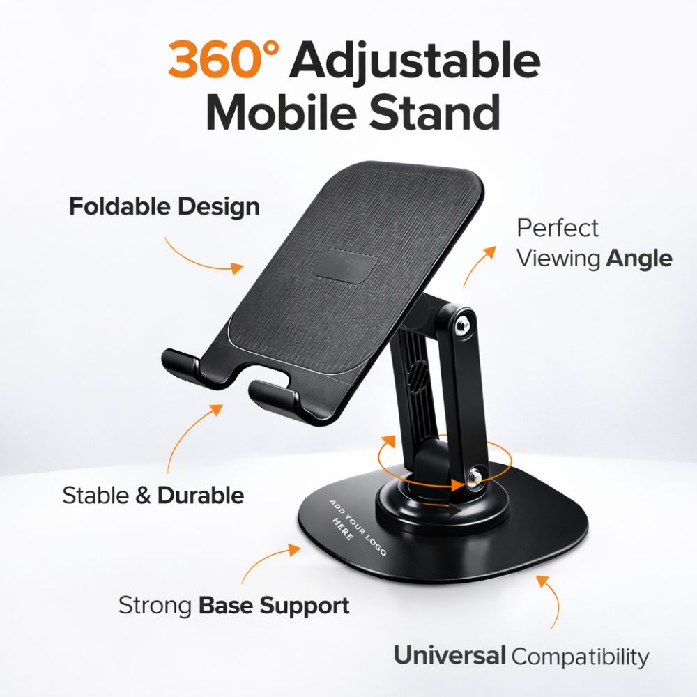 Premium Customized 360° Rotatable Foldable Mobile Holder with Logo Printing | Adjustable Desktop Smartphone Stand | Matte Black Corporate Gift