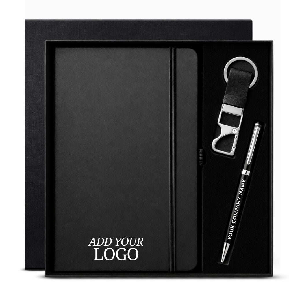 Premium Customized Corporate Gift Set with Logo Printing | A5 Notebook, Metal Pen & Leather Key chain